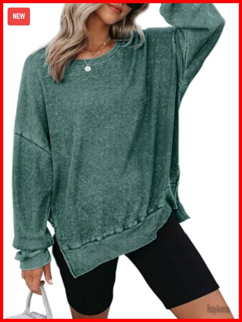 Waffle Knit Crewneck Oversized Sweatshirt Side Slits Long Sleeve Pullover